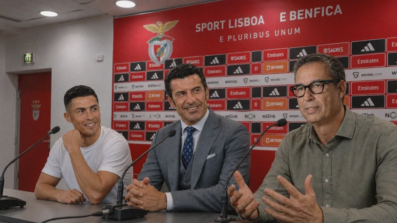 Ronaldo, Figo e Rui Santos na sala de imprensa do Estádio da Luz